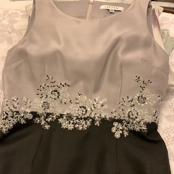 KASPER silver grey and black silk fabric dress with embroidery along waist. - Picture 7 of 8